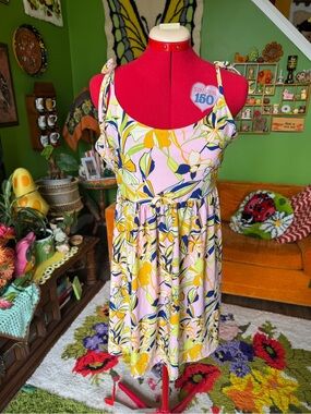 Pink Floral Tie-Shoulder Sundress with Yellow & Navy Accents